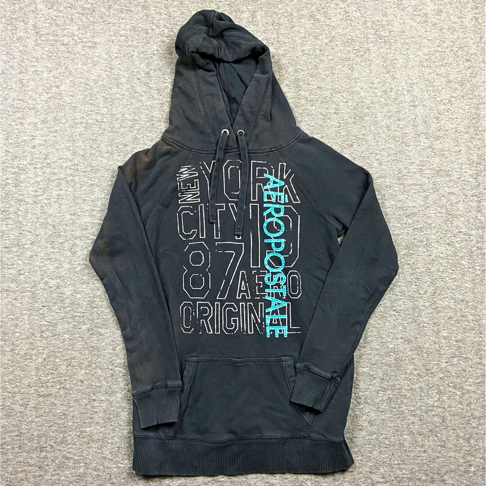 Y2K Aéropostale New York City Graphic Pullover Hoodie Women’s M Black Pockets